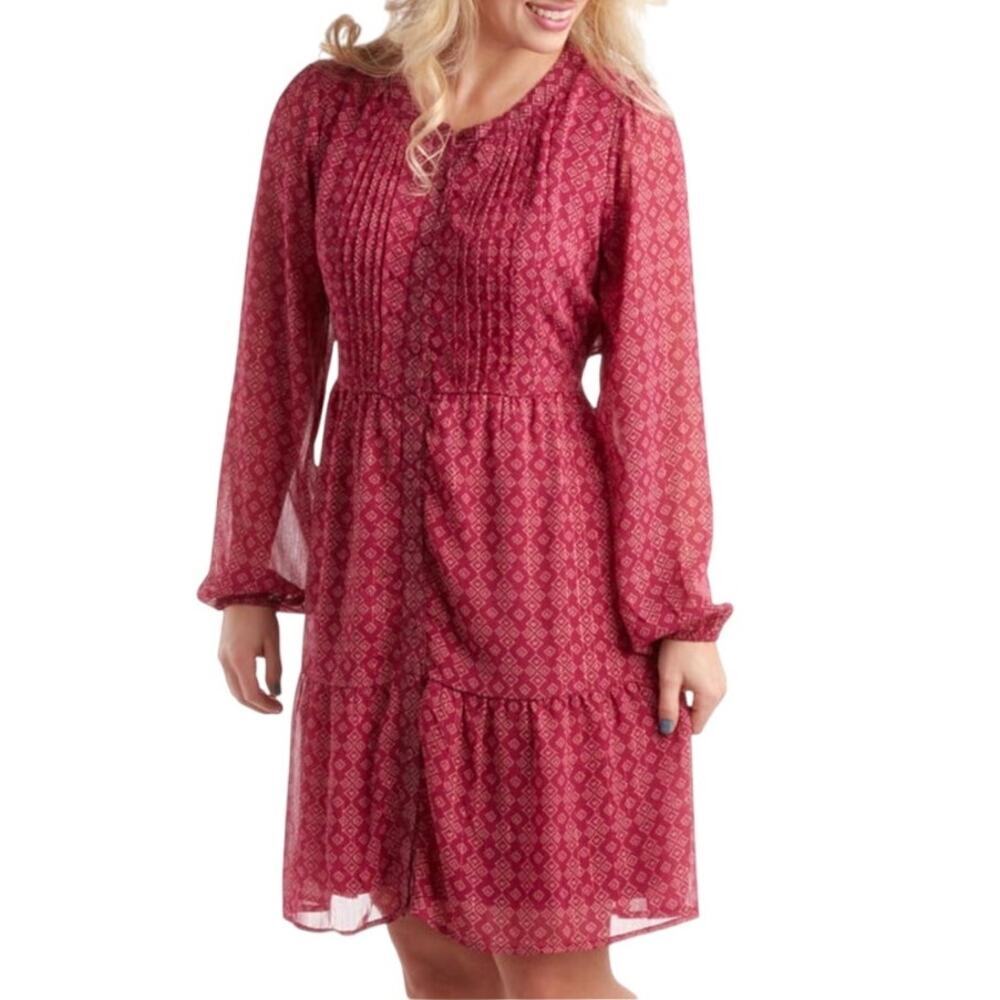 Lucky Geometric Print Button Front Tiered Dress Dark Red Size Medium Chiffon NEW
